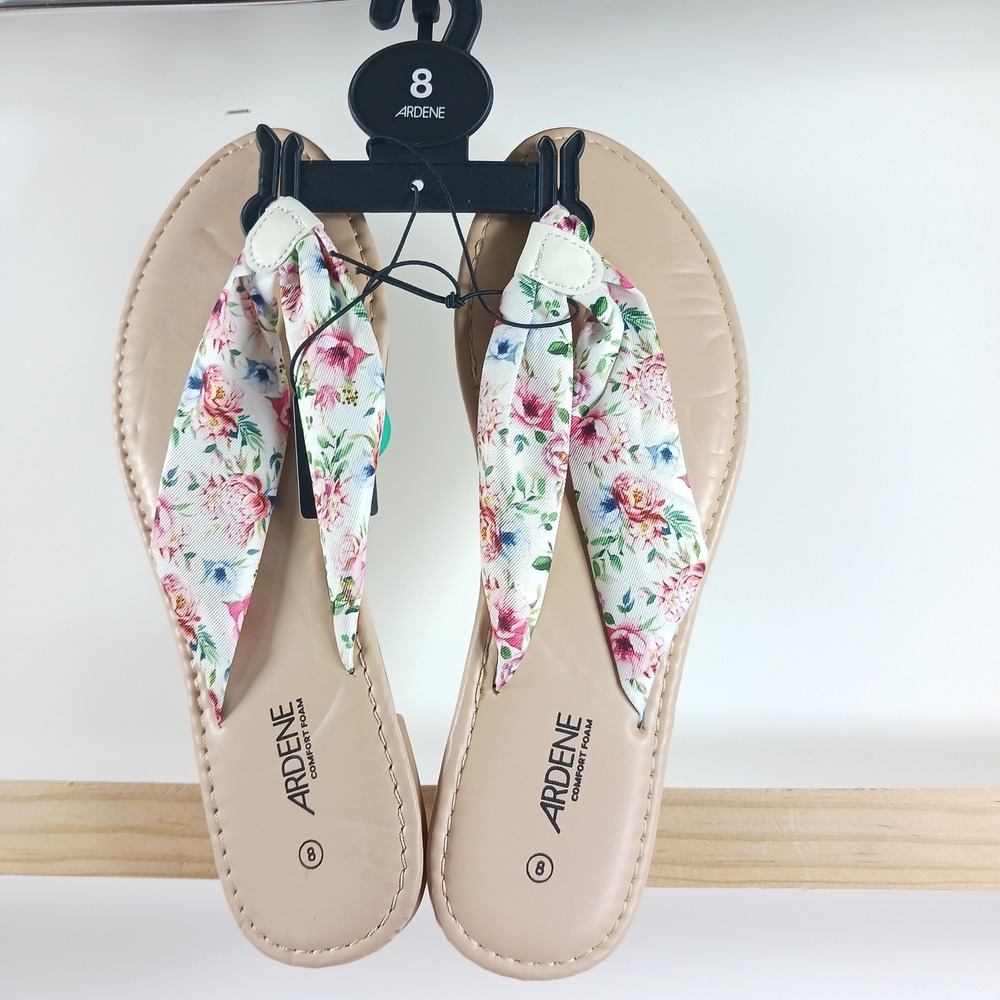 Ardene Comfort Foam Floral Fabric Thong Flip Flop Sandals Womens 8 Tan Pink